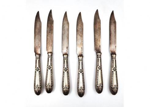 סט של 6 סכיני פירות עתיקים, הידיות עשויות מתכת מצופה כסף, הלהבים חתומים