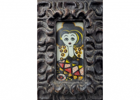 'רומה שטיינרמץ הולביין - חג'ג'' - ציור ישן בצבעי אמייל על לוח זכוכית, לא חתום