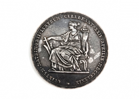מטבע כסף הונגרי עתיק 'טלר / Thaler', משנת 1879 לציון חתונת הכסף של  הקיסר ורעיתו