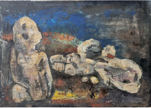 יהושע בורנפרוינד - 'זוג בובות אבן' - ציור גדול ויפה, שמן על בד, חתום