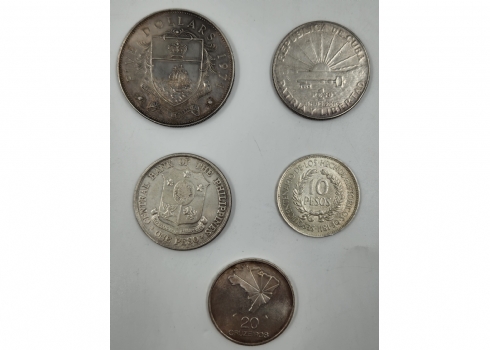 לוט 5 מטבעות כסף, קובה, ברזיל, איי בהמה, פיליפינים ואורוגואי