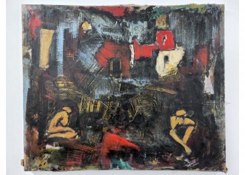 שלמה אלירז - 'דמויות ביפו' - ציור ישן, שמן על בד, חתום ומתוארך: 1964