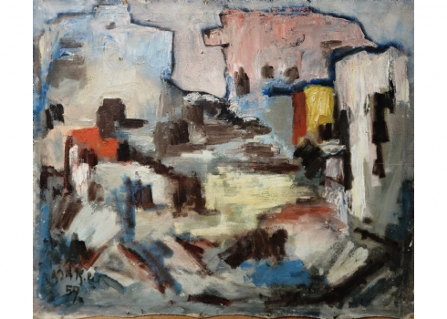 שלמה אלירז - 'בית ורוד בצפת' - ציור ישן, שמן על בד, חתום ומתוארך: 1957