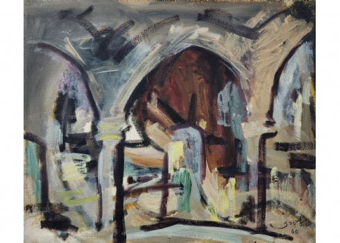 שלמה אלירז - 'קשתות אבן בירושלים' - ציור ישן, שמן על בד, חתום ומתוארך: 1960