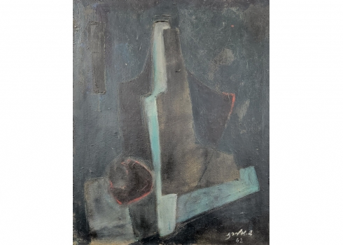 שלמה אלירז - 'פסנתר כנף מרחף בחלל של בדידות' - ציור ישן, שמן על בד, חתום ומתוארך