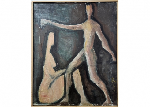 שלמה אלירז - 'הנואפים מקיבוץ תמוז' - ציור ישן, שמן על בד, חתום ומתוארך: 1968