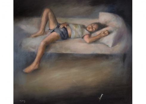 יעקב כרמלי  (Jacob Carmely) - 'נערה נמה' - ציור גדול, שמן על בד, חתום