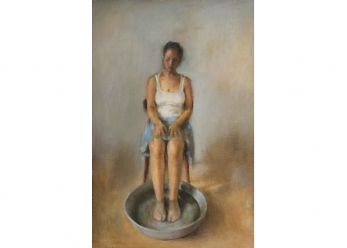 יעקב כרמלי  (Jacob Carmely) - 'אגן רחצה' - ציור גדול, שמן על בד, חתום