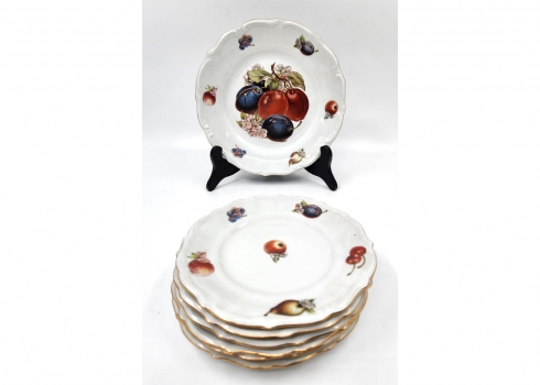 סט הגשה גרמני לפירות מתוצרת 'רוזנטל' (Rosenthal), עשוי פורצלן מעוטר בהדפסים וחתו