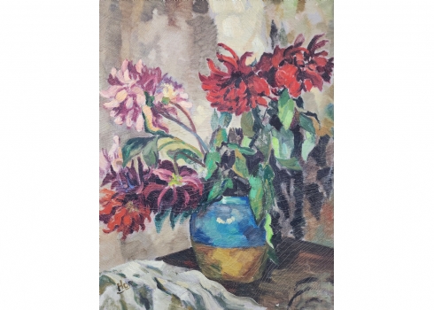 'פרחים בכד ומפה לבנה' - ציור ישן, שמן על בד, חתום: HOR