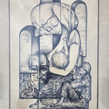 'ניכור הורי'' - ציור ישן, רישום דיו על נייר, חתום Vic ומתוארך: 1978