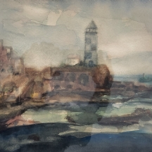 'מגדלור' - ציור ישן, אקוורל על נייר, חתום: (H. Winssberg ?),