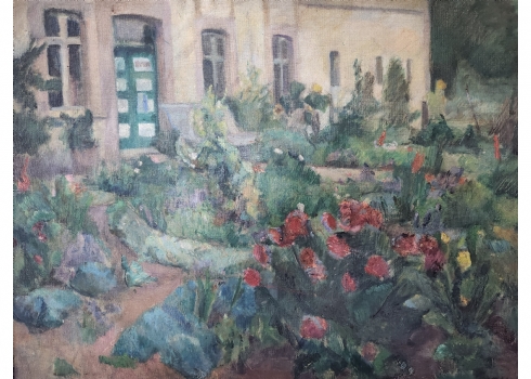 'חצר אחורית פורחת' - ציור ישן ואיכותי, שמן על בד מוצמד ללוח, חתום