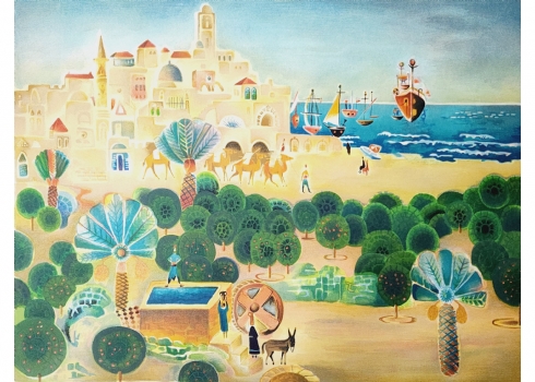 נחום גוטמן (Nachum Gutman) - 'מפרץ יפו', ליטוגרפיה יפה, חתומה ומוספרת בעיפרון