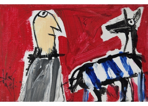 לאו  ריי (Leo Ray) - 'גבר וזברה כחולה' - ציור קטן, שמן על בד, חתום