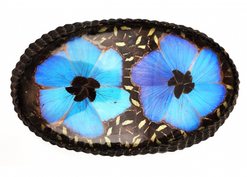'צריחת הפרפרים' - מגש ברזילאי ישן ומצמרר, עשוי קש קלוע, זכוכית וכנפי פרפרים