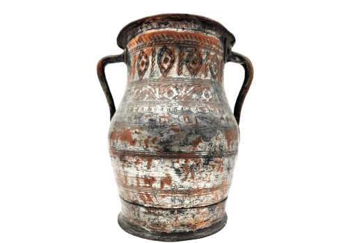 כלי פרסי עתיק בן כמאה שנה עשוי נחושת ושאריות ציפוי בדיל, מעוטר בעבודת יד