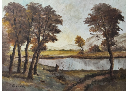 'עצים ואגם' - ציור ישן, שמן על בד, חתום, 59X79 ס"מ.
