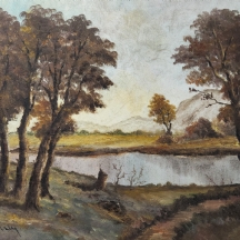 'עצים ואגם' - ציור ישן, שמן על בד, חתום, 59X79 ס"מ.