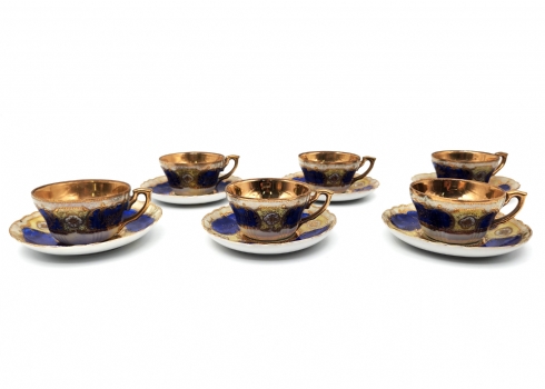 סט של 6 ספלי פורצלן גרמנים למוקה (Demitasse Cups), מעוטרים בזהב על רקע כחול