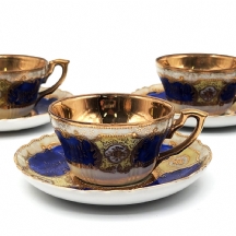 סט של 6 ספלי פורצלן גרמנים למוקה (Demitasse Cups), מעוטרים בזהב על רקע כחול