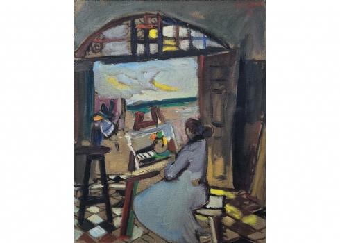 משה רוזנטליס (Moshe Rosenthalis), 'ציירת סטודיו' מידות: 41X33 ס"מ.