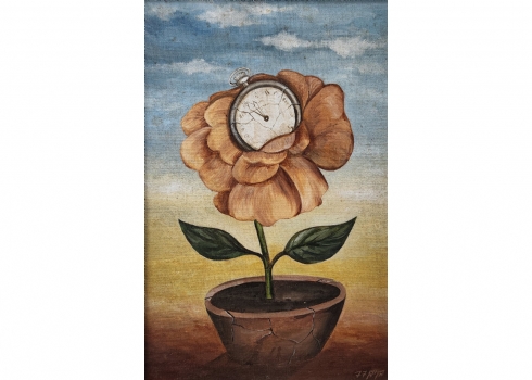 'שעון כיס על עציץ פורח' - ציור ישן, שמן על בד צרפתי, חתום ומתוארך: 1977