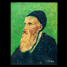ציור ישן של שמן על לוח בדמות איש זקן על רקע ירוק