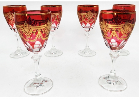 סט של 6 גביעי יין ישנים, עשויים זכוכית קרנברי (Cranberry Glass)