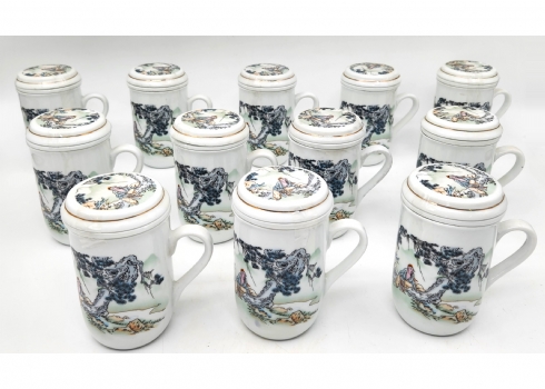 סט של 12 כלי תה סינים אישיים, ישנים, עשויים פורצלן, כוללים מכסה ומסננת תה תואמים