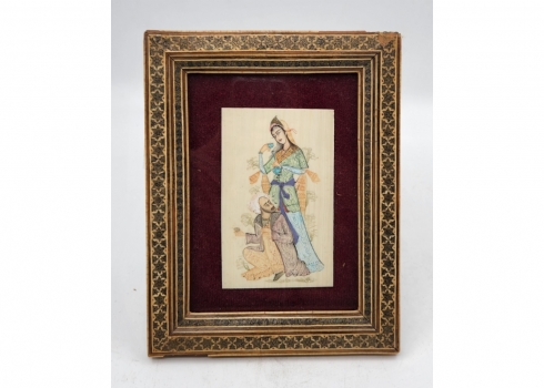 מיניאטורה פרסית מצוירת בעבודת יד, מסגרת נאה מעוטרת בעבודת 'קאטם קארי'