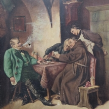 'שלושה נזירים וגבר במקטורן ירוק משחקים קלפים' - ציור עתיק