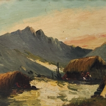 'בקתות קש בהרים' - ציור ישן, שמן על לוח, חתום: Mavera