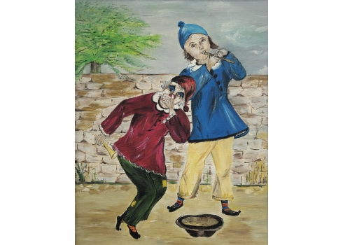 'ליצן מחטט באף' - ציור ישן, שמן על בד צרפתי