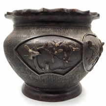 עציץ ברונזה יפני עתיק מתקופת 'מייג'י' (Meiji Period) - גדול ואיכותי
