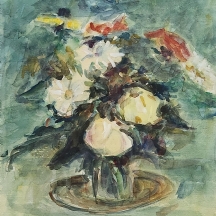 צבי שור (Zvi Shorr) - 'פרחים בכד קטן על צלחת גדולה' - ציור ישן, אקוורל על נייר