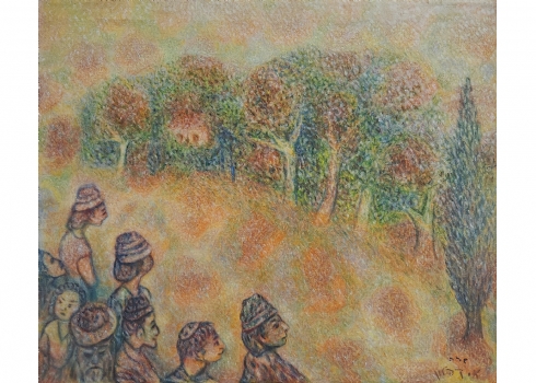 אריה קפלון - 'צופי הכפר', שמן על בד, חתום, ללא מסגרת