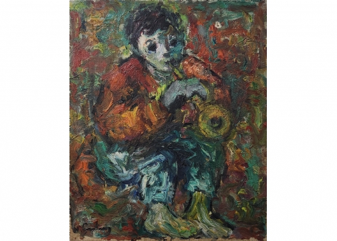 נתן גוטמן (1914-1990) - 'ילד מחצרץ' - ציור צרפתי ישן, שמן על בד, חתום, הקדשה ותא