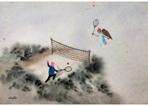 הארי ארטן (Harry Araten) - "משחק טניס עם מלאך" - אקוורל על נייר, חתום באנגלית