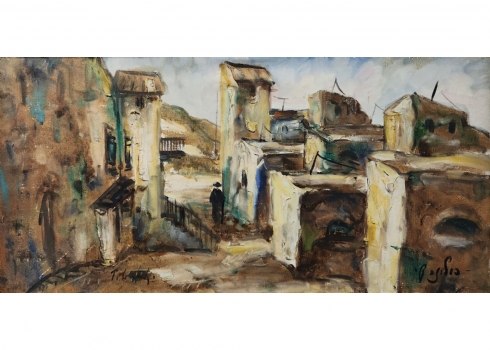 'צפת' - ציור ישן, שמן על בד, חתום ומתוארך: 1968