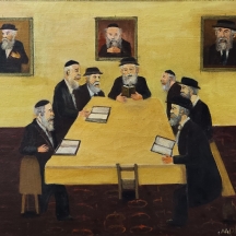 טננבוים, מ. - 'ויכוח רבנים' - ציור ישן, שמן על בד, חתום