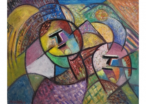 דוד מסר (1912-1999), 'שני פרצופים מנעוליים' - ציור ישן, שמן על בד, חתום ומתוארך