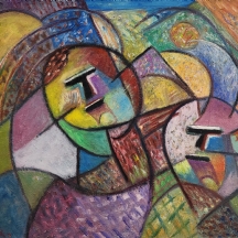 דוד מסר (1912-1999), 'שני פרצופים מנעוליים' - ציור ישן, שמן על בד, חתום ומתוארך