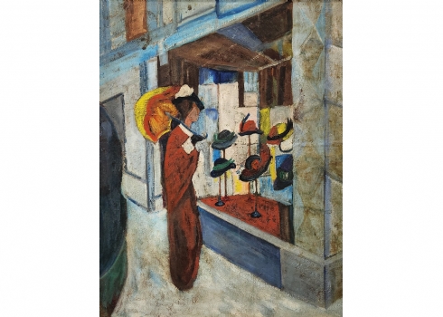 'מול חנות הכובעים' - ציור ישן, שמן על בד, 1920-1940 בקירוב, לא חתום
