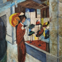 'מול חנות הכובעים' - ציור ישן, שמן על בד, 1920-1940 בקירוב, לא חתום
