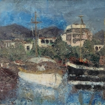 'מעגן הסירות' - ציור ישן, שמן על בד, חתום ומתוארך: 1987