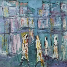 'ארבעה ערבים בחיפה' - ציור ישן, שמן על נייר, חתום