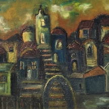 ת. שחם - 'בתים בצפת' - ציור ישן, שמן על לוח, חתום