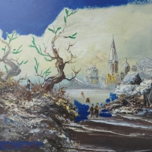 'נוף חורפי מושלג' - ציור גדול, שמן על נייר, חתום בחתימה לא קריאה