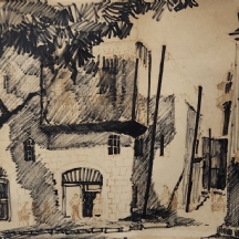 'המחסן הישן של דוד קלמנטינות' - ציור ישן, רישום טוש על נייר, חתום בחתימה דהוייה